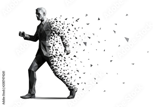 Foto Low poly businessman walking and disintegrating into particles isolated on trans