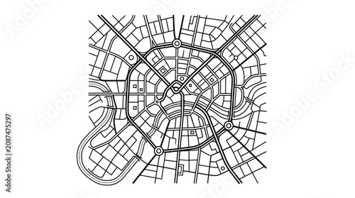 Abstract City Map Plan: Urban Grid Network, Radial Streets, and River Outline