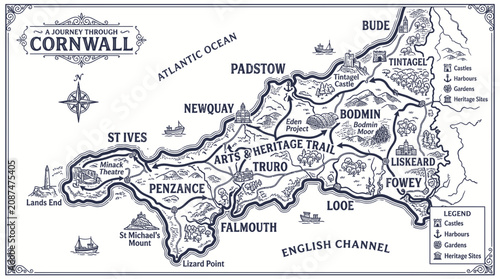 Fotografie Cornwall Map Illustration: Journey Through Arts, Heritage Trail, Coastline