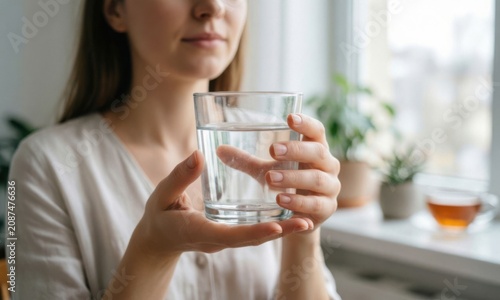 Woman holding glass of water smiling in bright kitchen with natural light