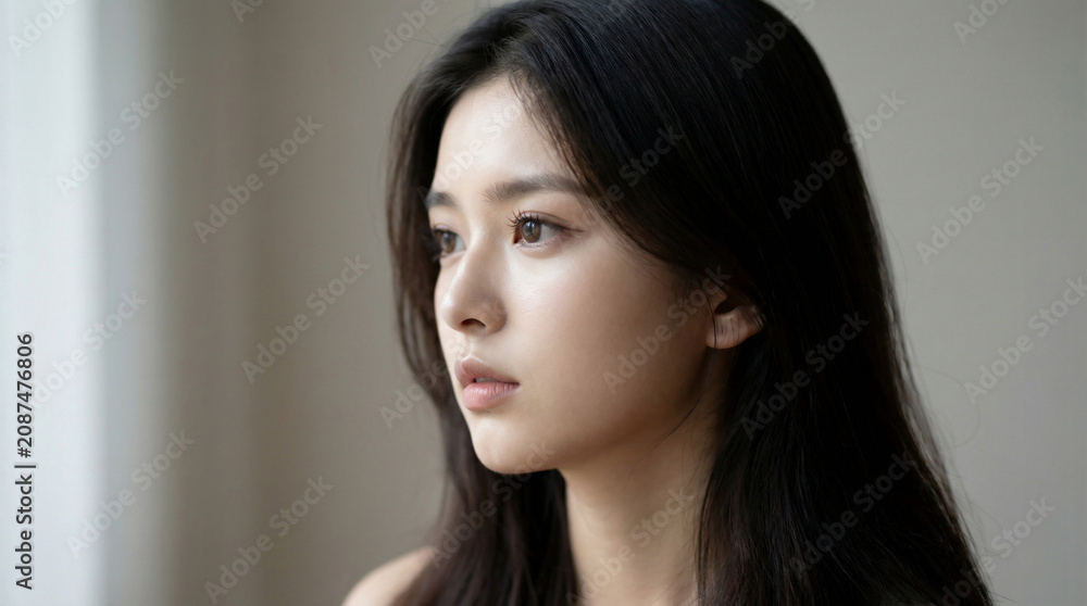 Fototapeta premium 窓の外を真剣な眼差しで見つめる美しい日本人女性の横顔