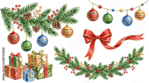 Tableau sur toile Elegant watercolor Christmas festive collection featuring evergreen fir branches, decorative glass balls, wrapped gift boxes, ornamental garlands, and a red velvet bow for seasonal holiday design