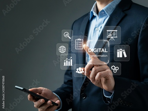 Business Executive Using Smartphone With Digital Transformation Technology And Innovation Interface