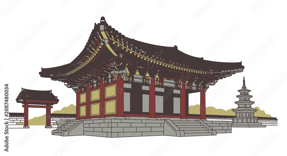 Fototapeta premium Traditional Korean Temple Architecture Illustration