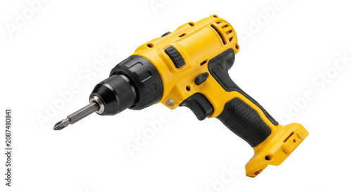 Yellow cordless drill with black accents on a white background, ready for drilling.