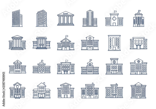 twenty deep cobalt blue continuous line vector icons of architectural structures, including a hospital and skyscraper, arranged in a grid on a transparent background, concept of urban planning and