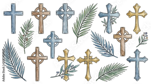 Photos Artistic Watercolor Vector Illustration of Religious Wooden Cross Adorned with Green Palm Branch, Traditional Catholic Easter Symbol for Christian Celebration and Holy Week Devotion