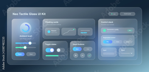 Glassmorphism Tactile UI, UX, Kit with Frosted Control Panels. Frosted glass UI kit with translucent cards, ambient controls, sliders, toggles, segmented tabs, buttons, inputs. Vector interface app
