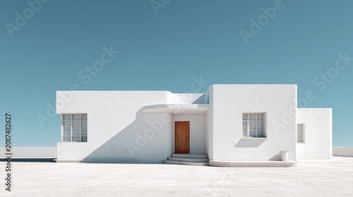 Minimalist white modern building with clean architectural lines under clear blue sky
