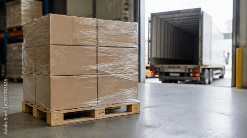 Cardboard boxes wrapped on a pallet inside a warehouse, near an open truck door.