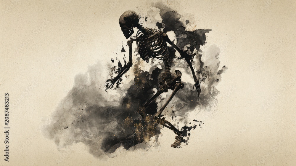 Fototapeta premium Artistic depiction of a skeleton emerging from a cloud of dark smoke
