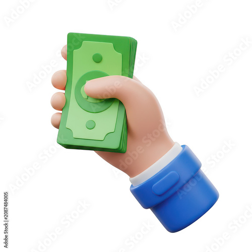 3d cartoon hand holding a stack of green paper money banknotes isolated on transparent background