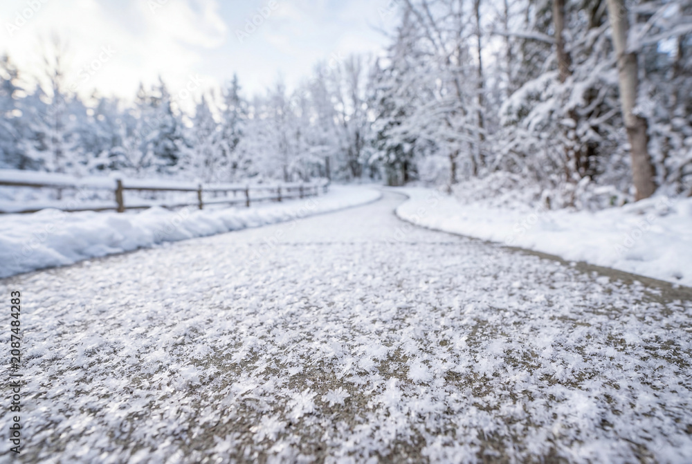 Fototapeta premium Close up of snow covered path leading into winter forest