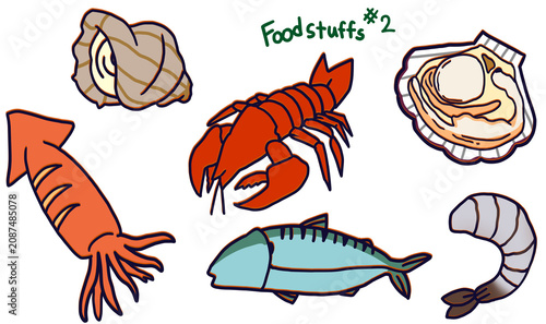 Schilderij op canvas Foodstuffs#2-식재료 해산물 생선 가재 랍스타 소라 생새우 가리비 조개 물고기 고등어 요리 레시피