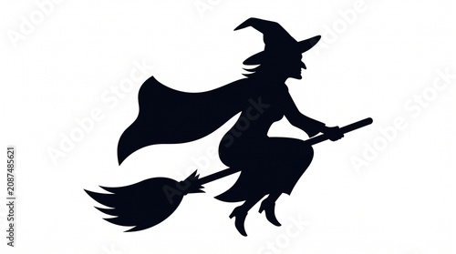 Witch Silhouette Flying on Broomstick Minimalist Vector
