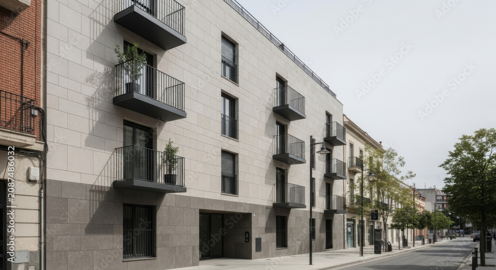 Obraz premium Modern Apartment Building Facade With Balconies And City Street View