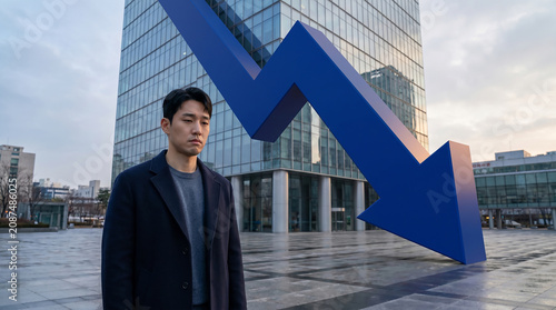 대형 파란 하락 화살표와 남성 투자자 / Male Investor with Large Blue Down Arrow