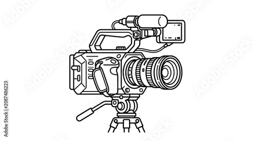 Professional Video Camera on Tripod - Line Art Illustration