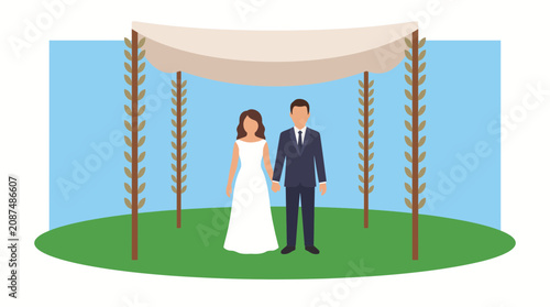 Schilderij op canvas Couple Standing Beneath Wedding Chuppah Canopy Flat Style Vector Illustration