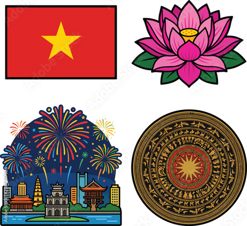 Set of Vietnam Traditional Cultural Symbols and National Landmarks Illustrated Icons