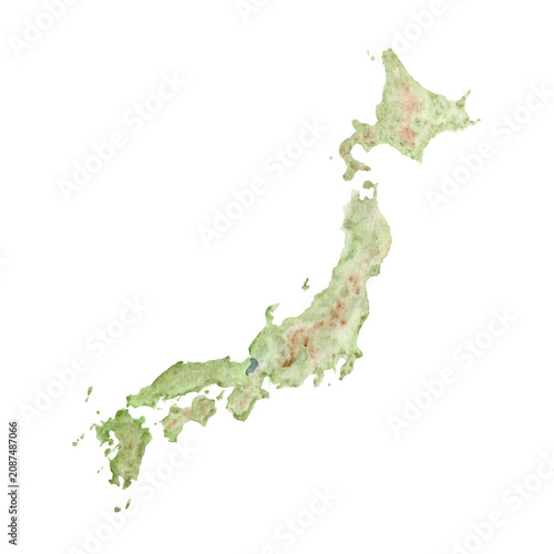 Map of Japan with gentle green and brown tones, hand-painted with natural textures. Artistic watercolor clip art isolated on white, perfect for travel design, education, decor, and geography projects