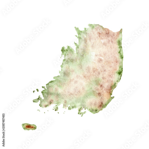 South Korea watercolor map in natural green and brown hues with soft blending, paper texture. Hand-painted clip art isolated on white. Ideal for travel, geography, decor, educational design projects.