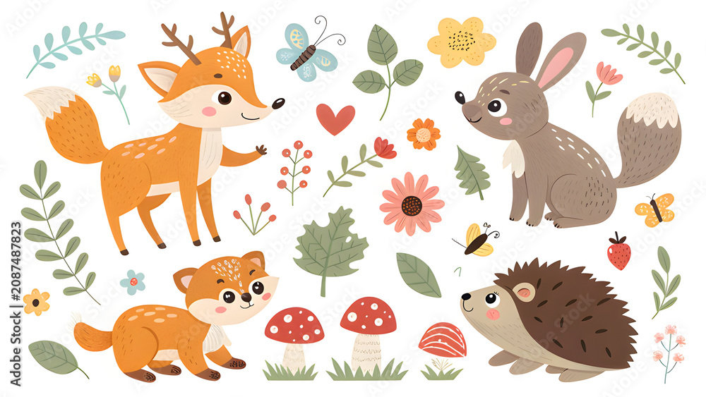 Fototapeta premium nursery animals, baby animals, woodland animals, woodland nursery, nursery clipart, baby fox, baby bear, baby bunny, baby deer, baby elephant, baby giraffe, baby lion, baby dinosaur, safari animals, f