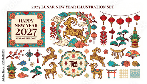 2027 Lunar New Year illustration set with dragon, goat zodiac, Chinese lanterns, lucky ornaments and festive decorative vector elements