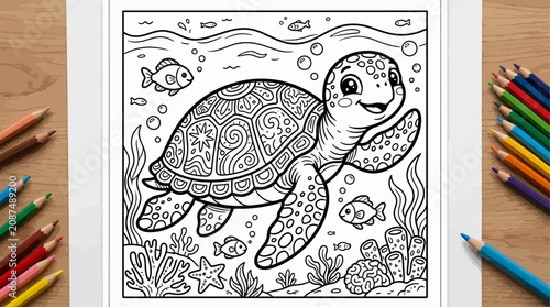 Cute Sea Turtle Coloring Page with Intricate Mandala Shell Design, Underwater Scene with Fish, Coral, and Marine Life