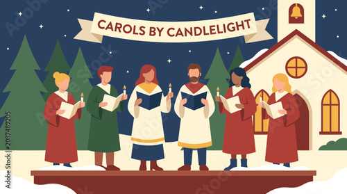 Canvas Print Choir Singing Christmas Carols by Candlelight Flat Style Vector Illustration