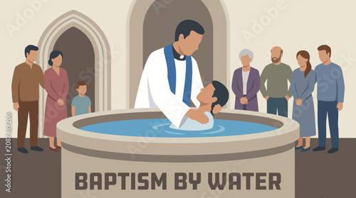Photography Priest Performing Baptism by Water Immersion Flat Style Vector Illustration