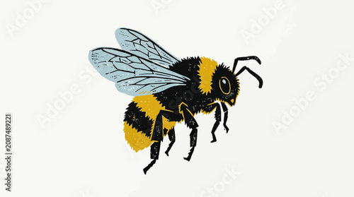 Textured illustration of a flying bumblebee with yellow and black stripes, isolated on a white background, symbolizing nature and pollination.