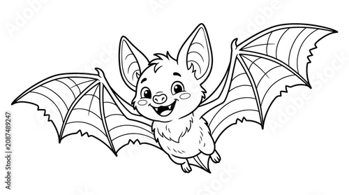 Cute cartoon bat flying, black and white outline for coloring, adorable happy character illustration for children
