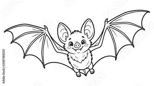 Happy Cute Little Bat Flying Cartoon Outline Black and White Illustration Isolated on White Background for Coloring Book Kids Craft
