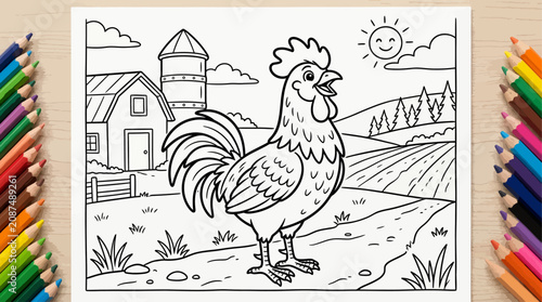 Cartoon Rooster Coloring Page on a Farm with Barn, Fields, and Sun. Detailed Line Art for Kids' Activity Book.