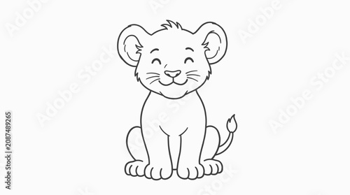 Cute Happy Smiling Lion Cub Line Drawing for Coloring Books. Adorable Safari Animal Outline Illustration for Kids Art Activity.