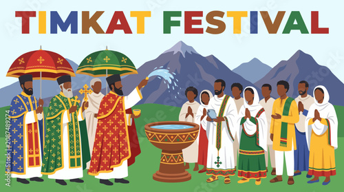 Foto Priests Celebrating Timkat Water Festival Flat Style Vector Illustration