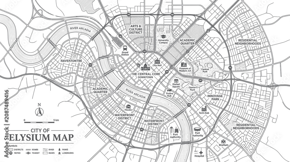 Obraz premium Elysium City Map: Detailed Urban Planning, Futuristic Metropolis Blueprint