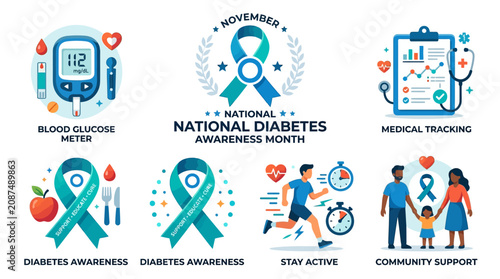 National Diabetes Awareness Month campaign with blue ribbon and community support