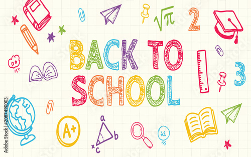 Colorful hand drawn back to school text with academic doodle icons for education marketing and classroom banner design