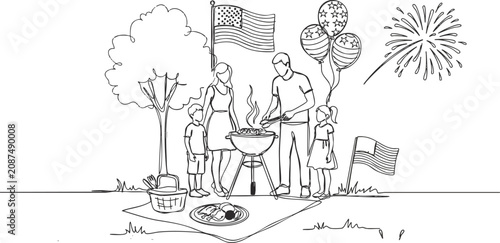  Hand drawn family gathering sketch with flag and balloons for holiday celebration and outdoor community event design
