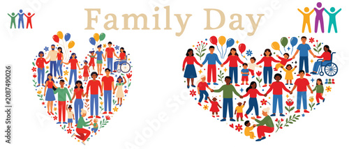 Family Day celebration concept with people forming heart shape symbolizing unity, love and togetherness for holiday greeting design