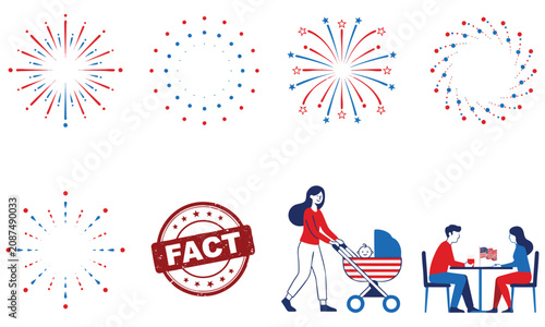 USA holiday fact illustration showing mother with stroller alongside firework burst design for parenting and family content