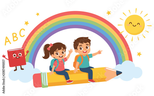 Back to school illustration with children riding pencil under rainbow for creative learning and classroom education themes