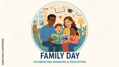 Family bonding and education concept showing parents reading with children at home for early learning and parenting content