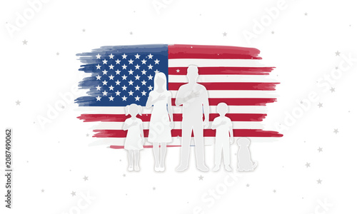Patriotic USA family silhouette with national flag design representing unity and national pride for holiday themed content