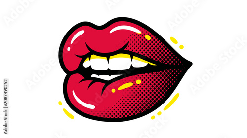 Foto Pop Art Lips Biting Tongue, Red Mouth, Comic Style, Vibrant, Expressive