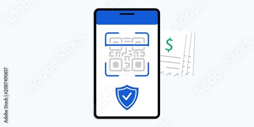 Smartphone scanning QR code with receipt, confirmation badge and digital payment elements. QR code payment concept scene. Mobile payment transaction and cashless checkout process.