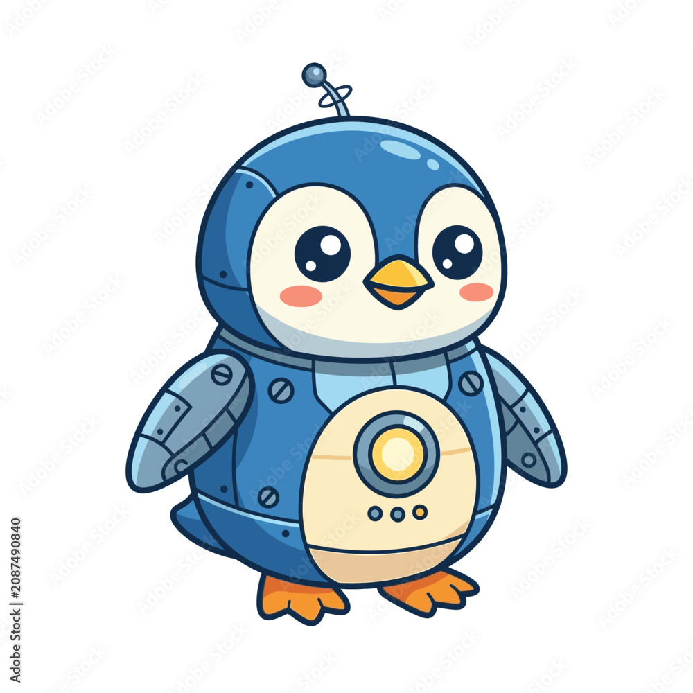 Fototapeta premium Cute blue robot penguin character with glowing circular chest emblem