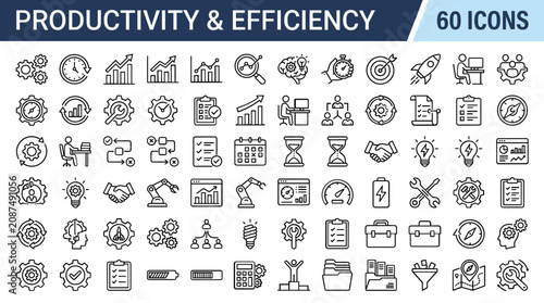 Productivity and efficiency line icons, set of 60 business management symbols, time optimization and workflow process vector elements for corporate presentations